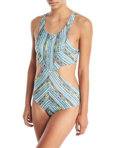 High-neck Striped One-piece