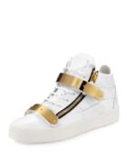 Men's Double-strap Patent Mid-top Sneakers, Gold/white