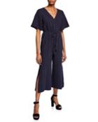 Pinstriped Button-down Wide-leg Jumpsuit