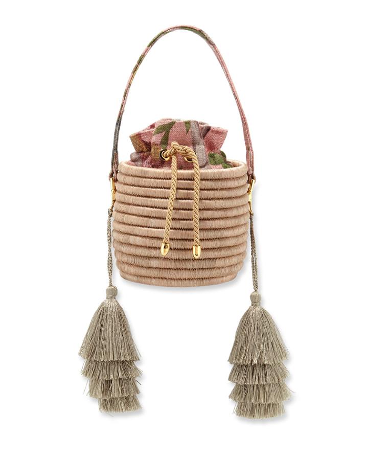 Monochrome Woven Straw Bucket Bag With Metallic Tassels