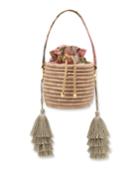 Monochrome Woven Straw Bucket Bag With Metallic Tassels