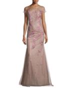 Illusion Floral-embroidered Gown, Dusty Rose