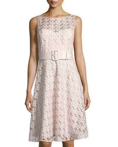 Belted Lace Fit & Flare Dress