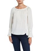 Sierra Scoop-neck Long-sleeve Blouse W/ Embroidered Details