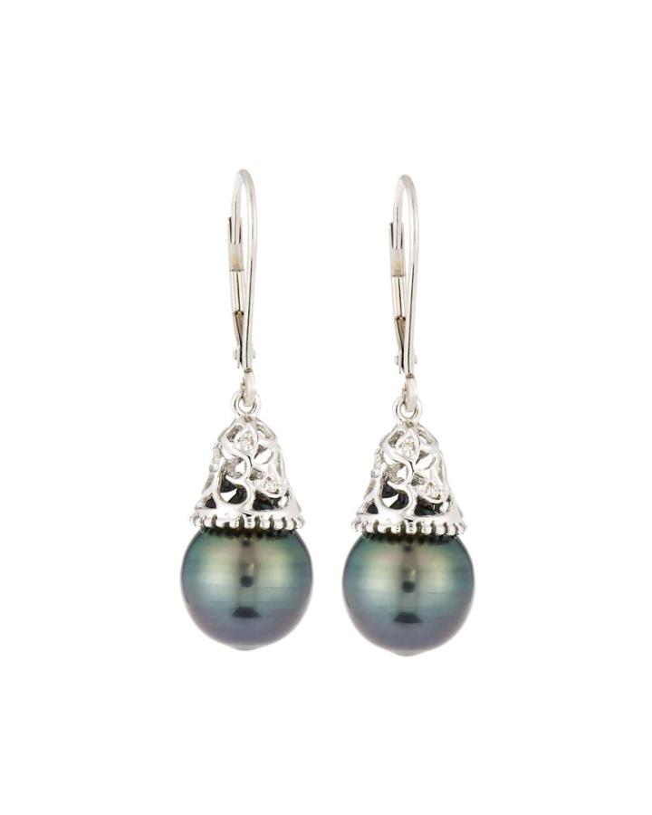 14k White Gold Filigree Drop & Pearl Earrings