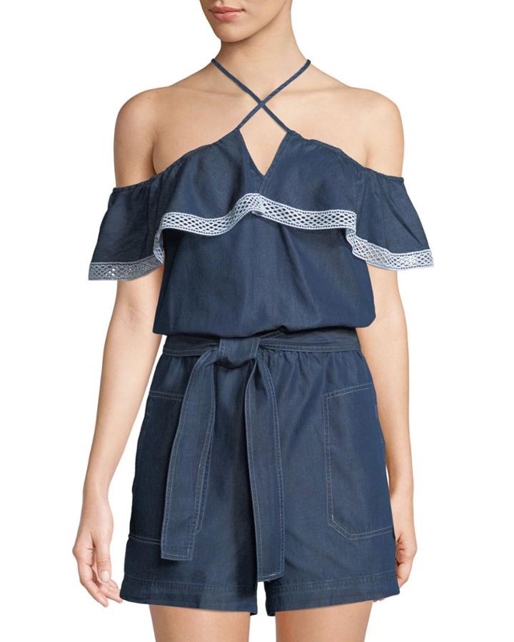 Belted Chambray Cold-shoulder Romper