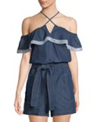 Belted Chambray Cold-shoulder Romper