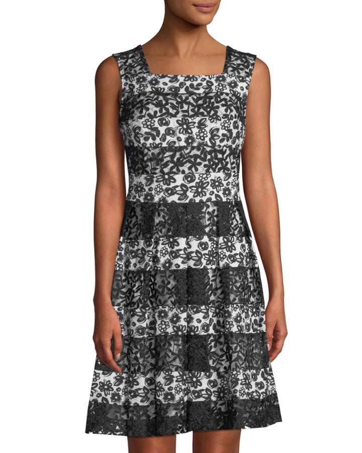 Striped-lace Fit-&-flare Dress