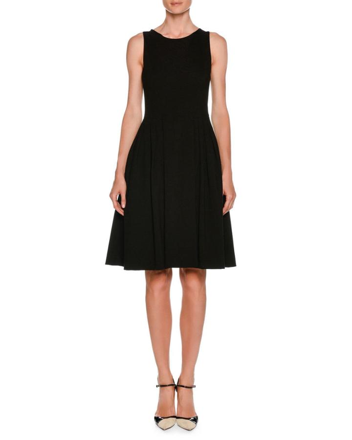 Round-neck Sleeveless Jersey Pleated Fit-and-flare Dress