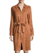 Faux-suede Belted Shirtdress, Brown