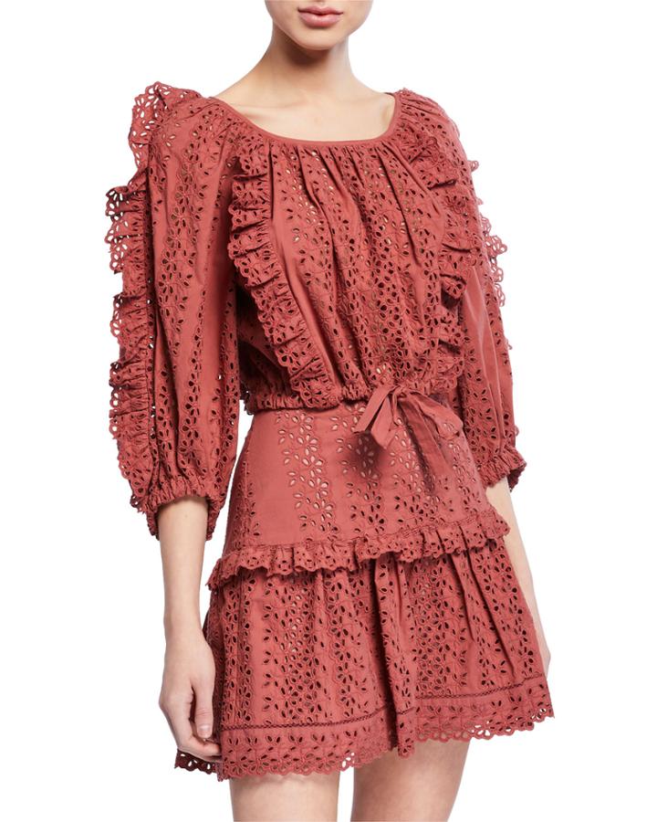 Karina 3/4-sleeve Eyelet Ruffle Top