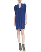 Vince Petite Short-sleeve Double-v Silk Shift Dress, Women's, Cblt/coastal Cmb