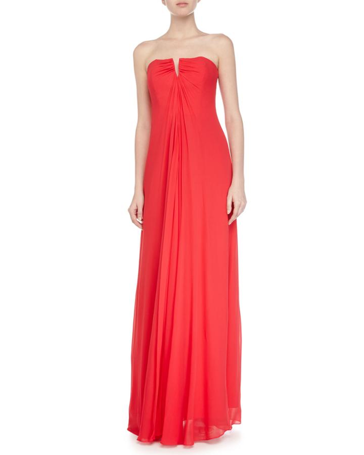 Nicole Miller Artelier Strapless Split-neck Flowy Gown, Brink Pink, Women's,