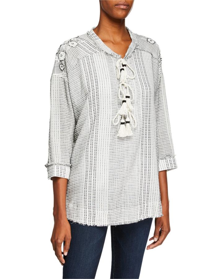 Jacques 3/4-sleeve Lace-front Tassel Blouse