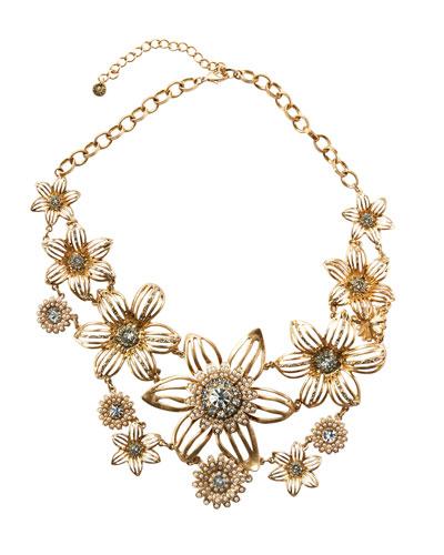 Golden Crystal & Pearly Flower Statement Bib Necklace
