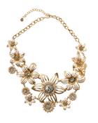 Golden Crystal & Pearly Flower Statement Bib Necklace