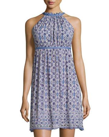 Sleeveless Stretch-mesh Dress, Indigo/khaki
