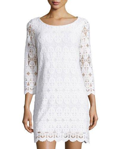 3/4 Sleeve Mesh Dress, Optic White