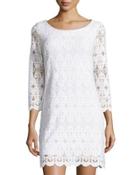 3/4 Sleeve Mesh Dress, Optic White