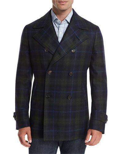 Plaid Wool-cashmere Pea Coat, Navy/green