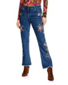 Floral Embroidered Raw-hem Jeans