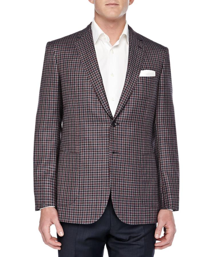 Cashmere Check Two-button Jacket, Gray/red