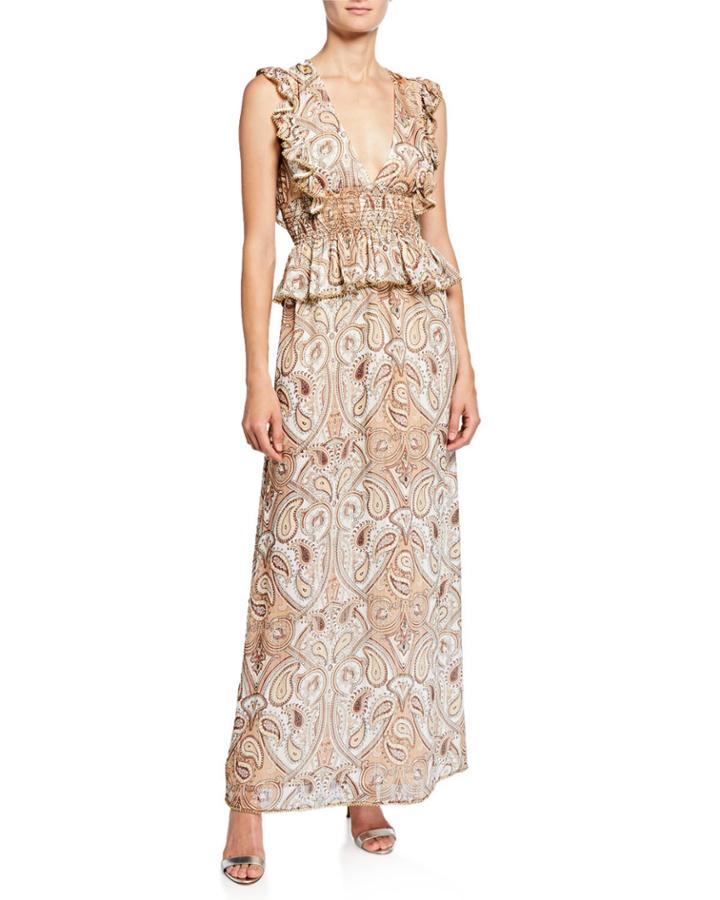 Pallenberg Paisley Shirred Maxi Dress With Bead Trim