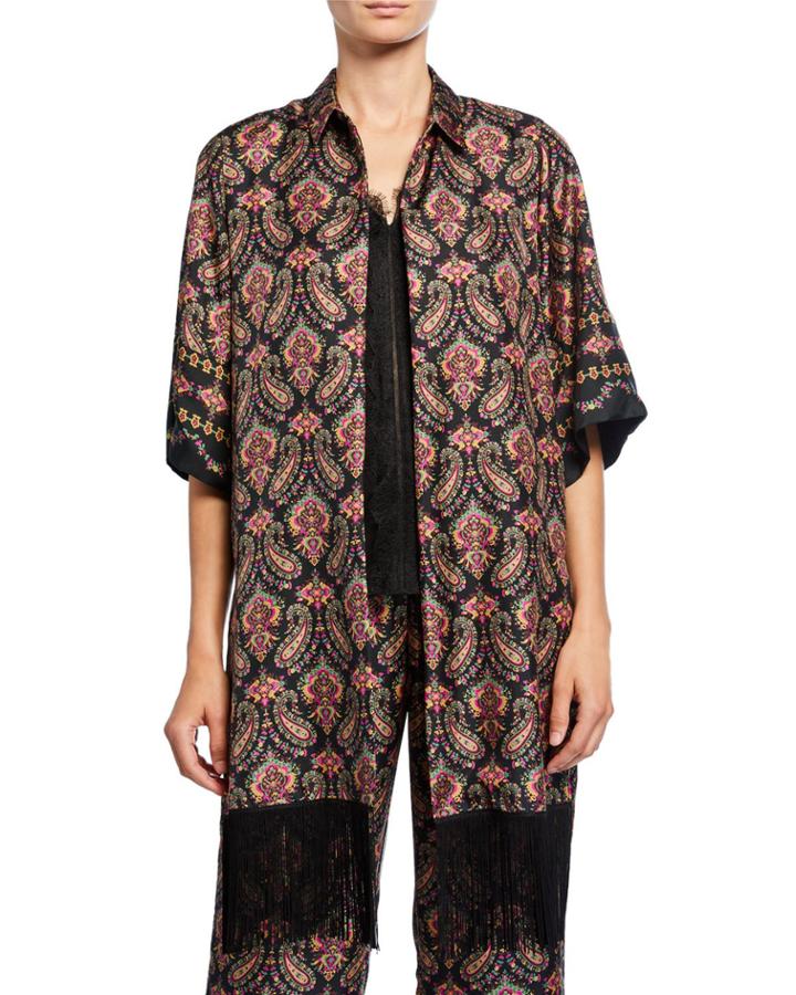 Jaycee Paisley Silk Shirt Jacket With Fringe Trim