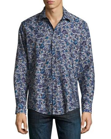 Navy Floral-print Button Shirt, Charcoal
