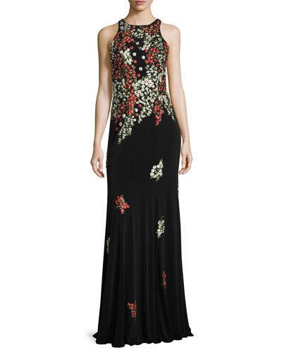 Sleeveless Embroidered Column Gown, Black/multicolor