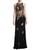 Sleeveless Embroidered Column Gown, Black/multicolor