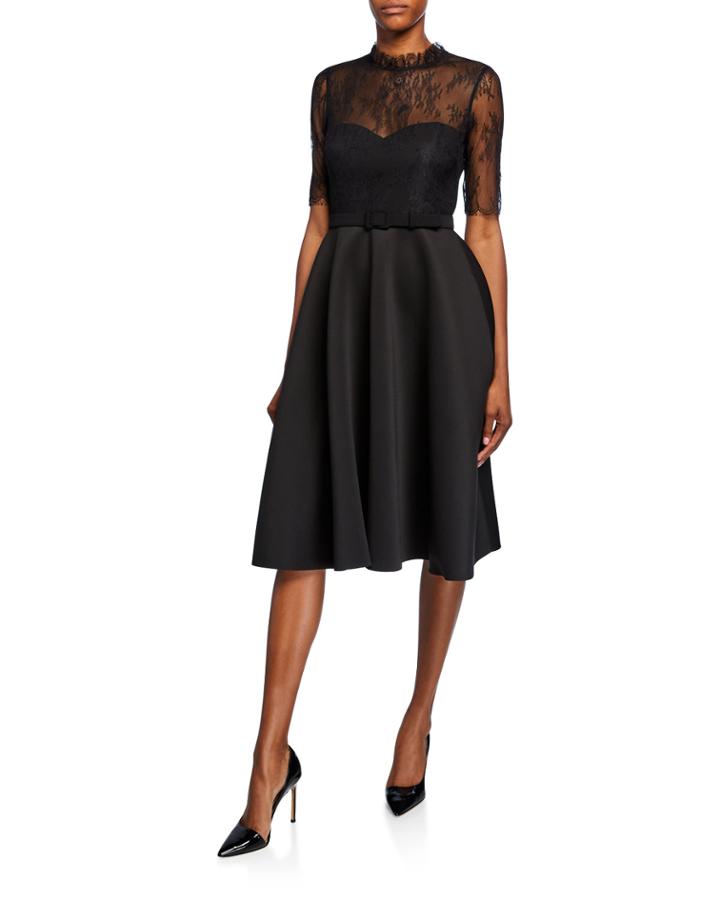 Mock-neck Lace Illusion Elbow-sleeve Fit-&-flare