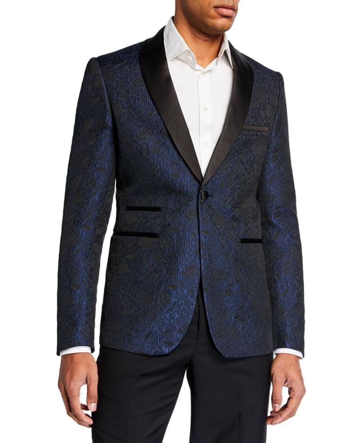 Men's Satin Shawl Collar Jacquard Blazer, Dark Blue