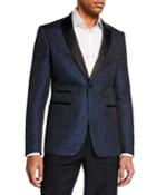 Men's Satin Shawl Collar Jacquard Blazer, Dark Blue