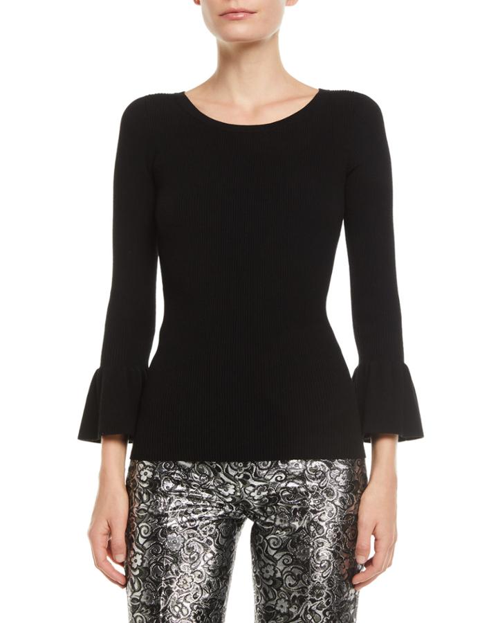 Crewneck Ruffle-cuff Stretch-viscose Ribbed Top