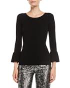 Crewneck Ruffle-cuff Stretch-viscose Ribbed Top