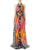 Ikat-print Georgette Halter Dress, Red