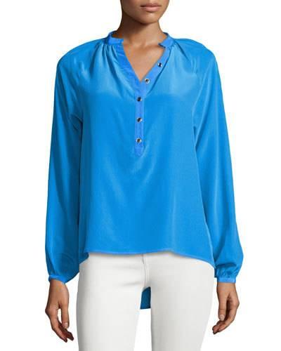 Trina Long-sleeve Pleated Blouse, Blue
