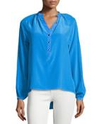 Trina Long-sleeve Pleated Blouse, Blue