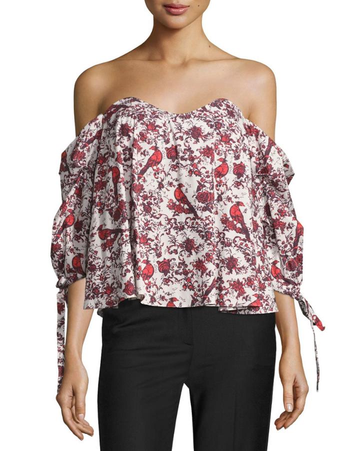 Gabriella Off-the-shoulder Bird & Floral Bustier Top, Red Pattern