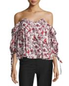 Gabriella Off-the-shoulder Bird & Floral Bustier Top, Red Pattern