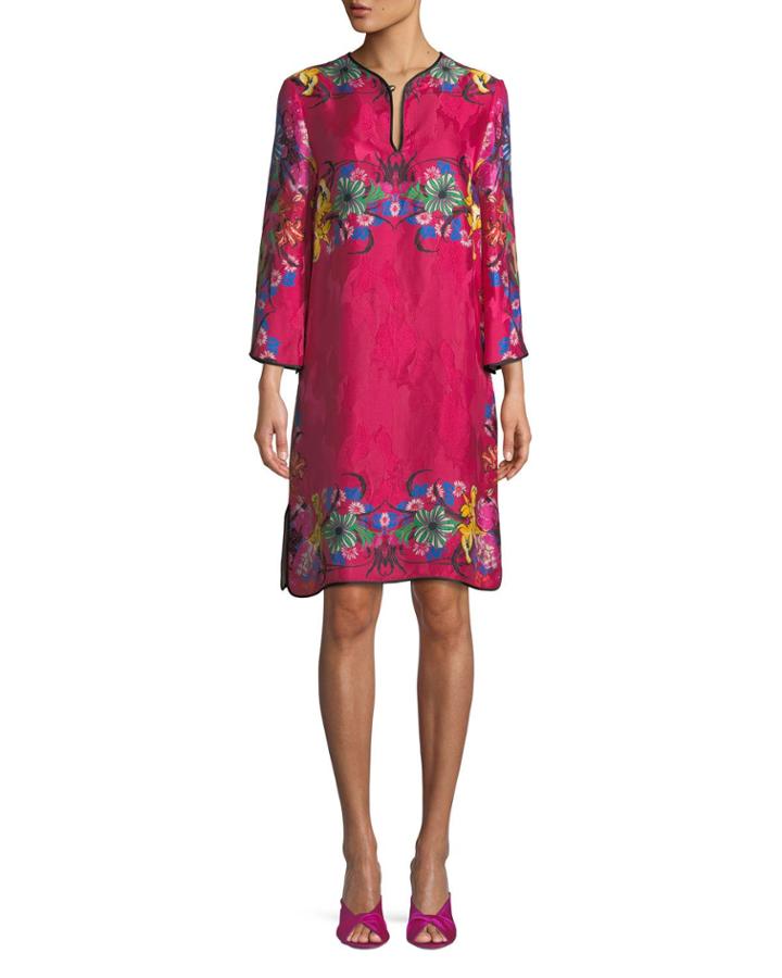 Split-neck Bracelet-sleeve Floral-jacquard