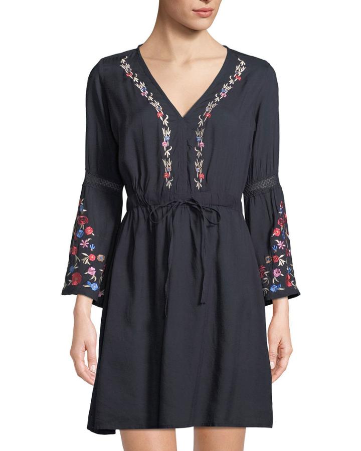 V-neck Drawstring Peasant Dress