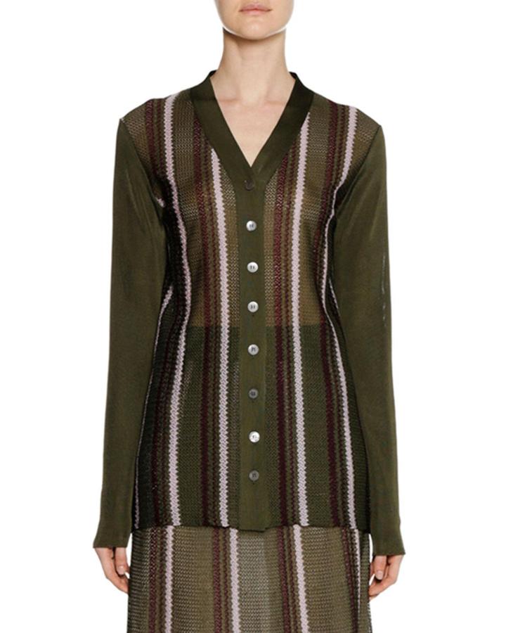 Long-sleeve Button-front Striped Open-weave Knit Cardigan