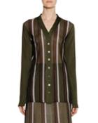 Long-sleeve Button-front Striped Open-weave Knit Cardigan