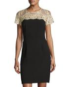 Short-sleeve Lace-yoke Sheath Dress, Black/gold