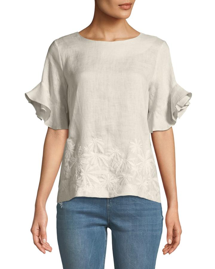 Embroidered-linen Flutter-sleeve Blouse