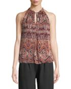 Sleeveless Floral-striped Tie-front Blouse
