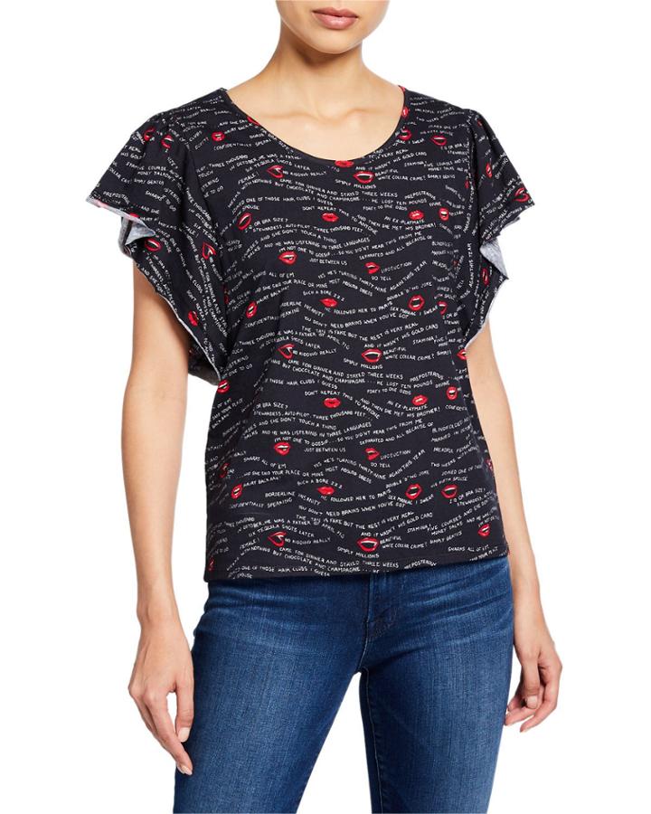 Lips Flutter-sleeve Tee, Black