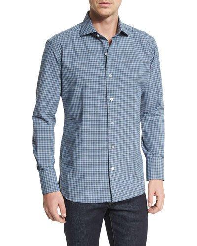 Mini-check Poplin Sport Shirt, Blue/white